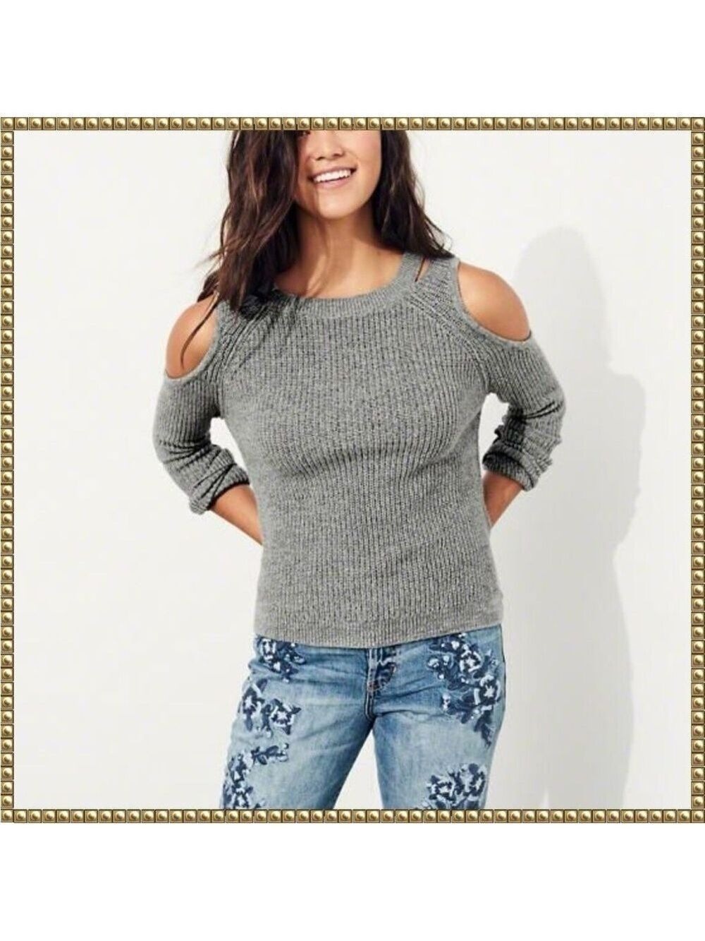 Hollister Gray Cable Knit Cold Shoulder Sweater Small